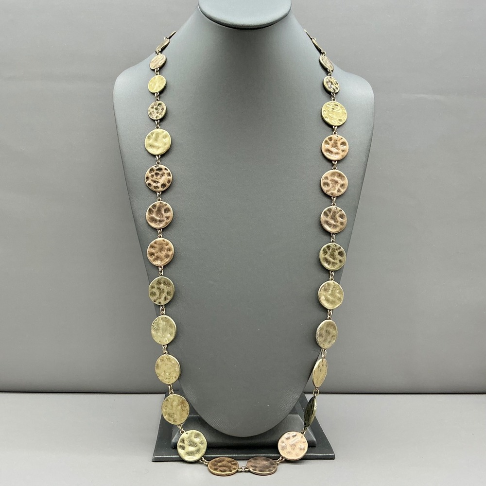 Chico's Necklace Women Gold Rose Gold Toned Hammered Disc Long Link Statement